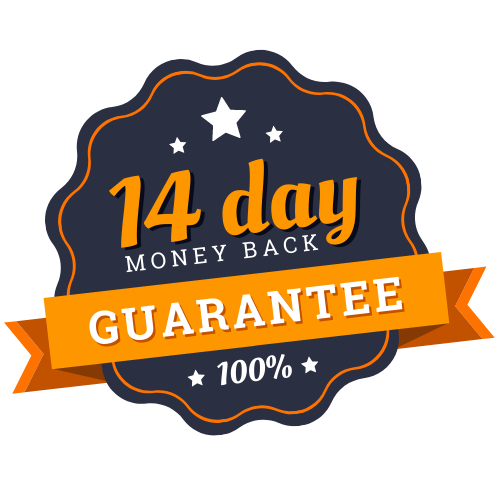 Navy and orange rosette badge reading 14 day money back guarantee, 100 percent