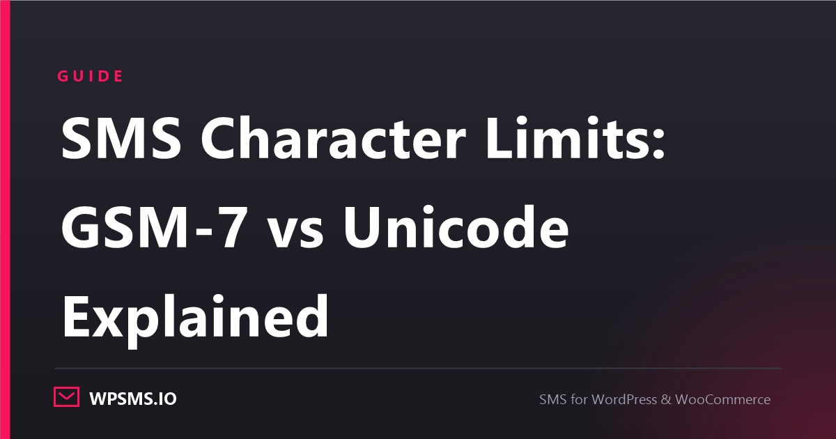 Article cover reading SMS Character Limits, GSM-7 vs Unicode Explained on a dark WPSMS.io card